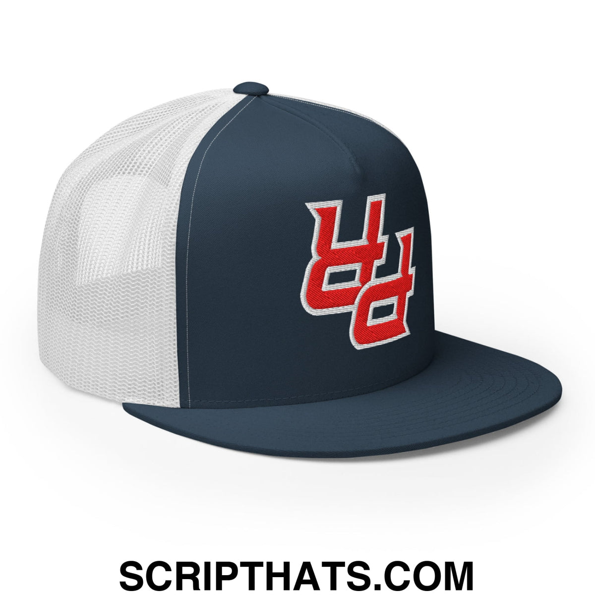 Navy blue and white mesh upside down pr puerto rico embroidered flat bill trucker hat with red logo on front