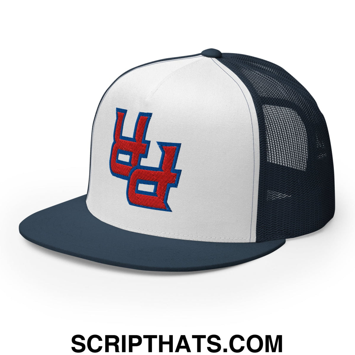 White and navy blue mesh trucker hat with red and blue upside down pr puerto rico embroidered flat bill brim logo
