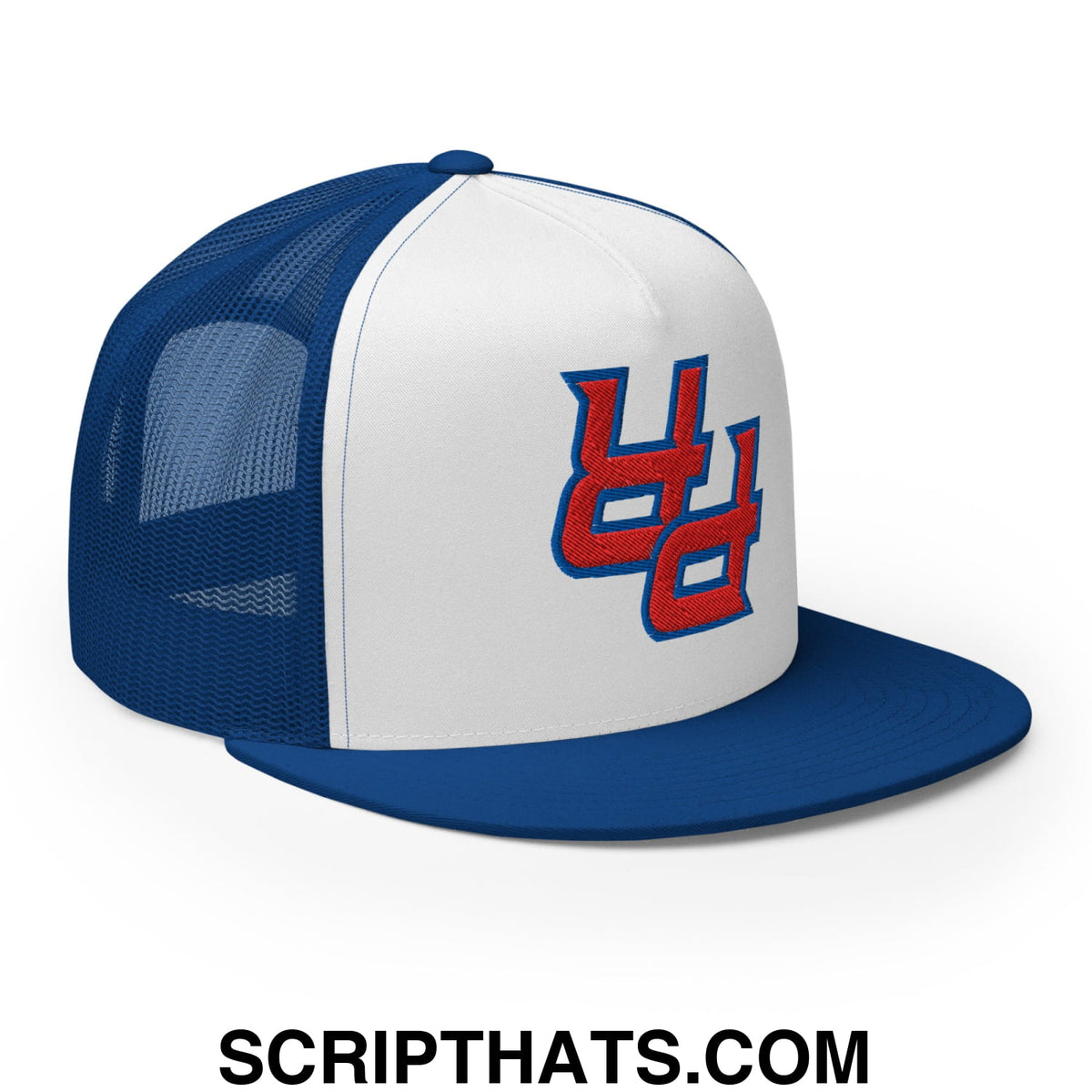 Blue and white mesh trucker hat with red embroidered upside down pr puerto rico logo and flat bill brim