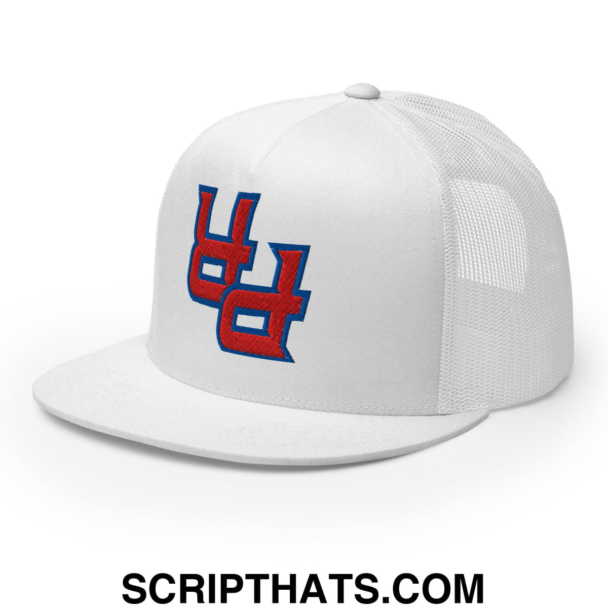 White mesh trucker hat with flat bill brim and red and blue embroidered u logo from upside down pr puerto rico series