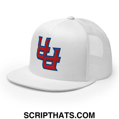 White mesh trucker hat with flat bill brim and red and blue embroidered u logo from upside down pr puerto rico series
