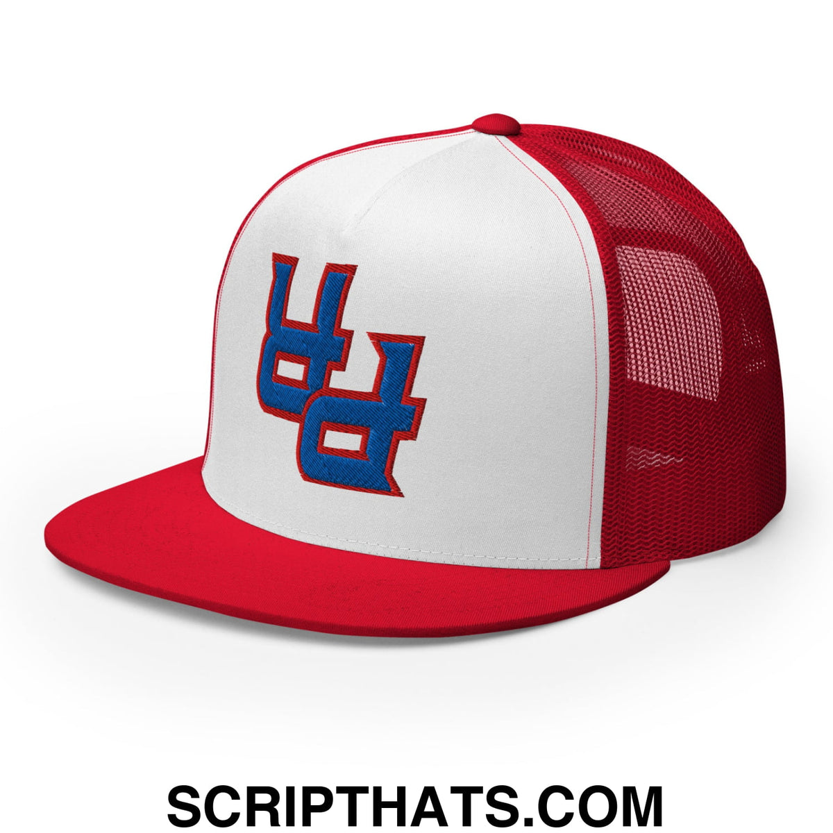Red and white mesh trucker hat with blue embroidered u logo and flat bill brim from upside down pr puerto rico collection