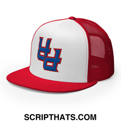 Red and white mesh trucker hat with blue embroidered u logo and flat bill brim from upside down pr puerto rico collection
