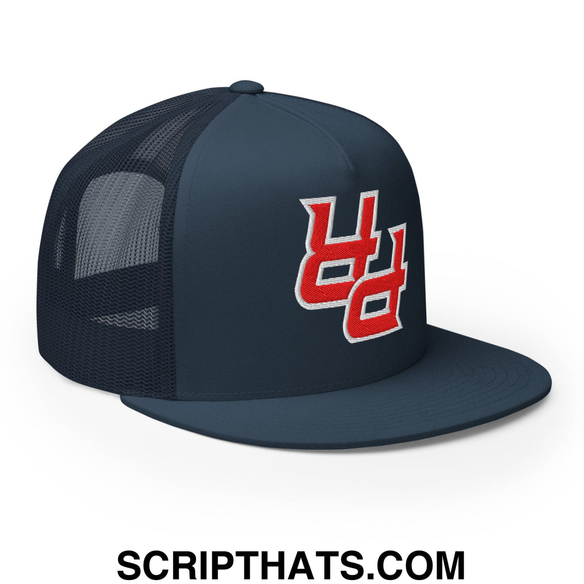 Dark navy mesh trucker hat with flat bill brim and red and white embroidered upside down pr puerto rico logo front