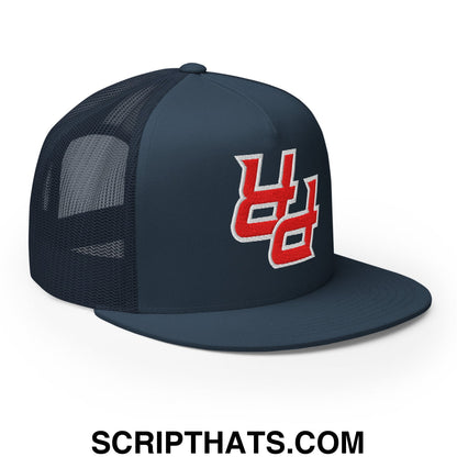 Dark navy mesh trucker hat with flat bill brim and red and white embroidered upside down pr puerto rico logo front