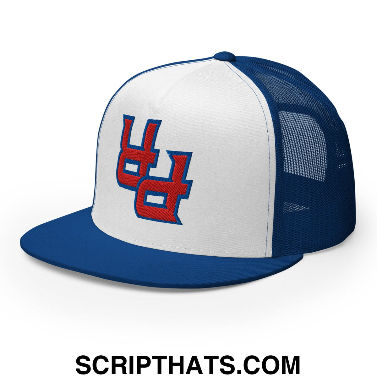 Blue and white mesh trucker hat with red and blue embroidered u logo flat bill brim by Upside Down PR Puerto Rico