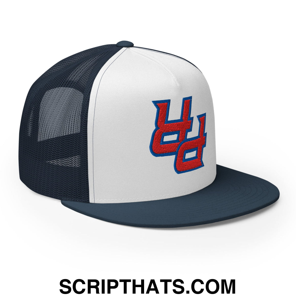 White and navy blue mesh trucker hat with red and blue upside down PR Puerto Rico embroidered logo and flat bill brim