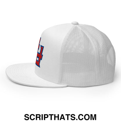 White mesh trucker hat with a flat bill and red and blue Upside Down PR Puerto Rico embroidered logo