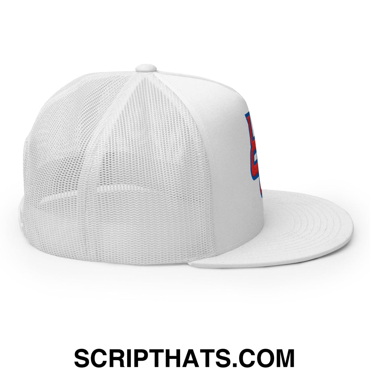 White mesh trucker hat with flat brim and red blue upside down pr puerto rico embroidered logo on the side