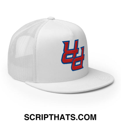 White mesh trucker hat with red and blue upside down pr puerto rico embroidered flat bill brim snapback