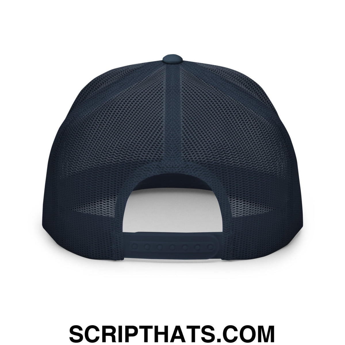 Dark navy blue upside down pr puerto rico embroidered flat bill mesh trucker hat showing mesh back and adjustable strap