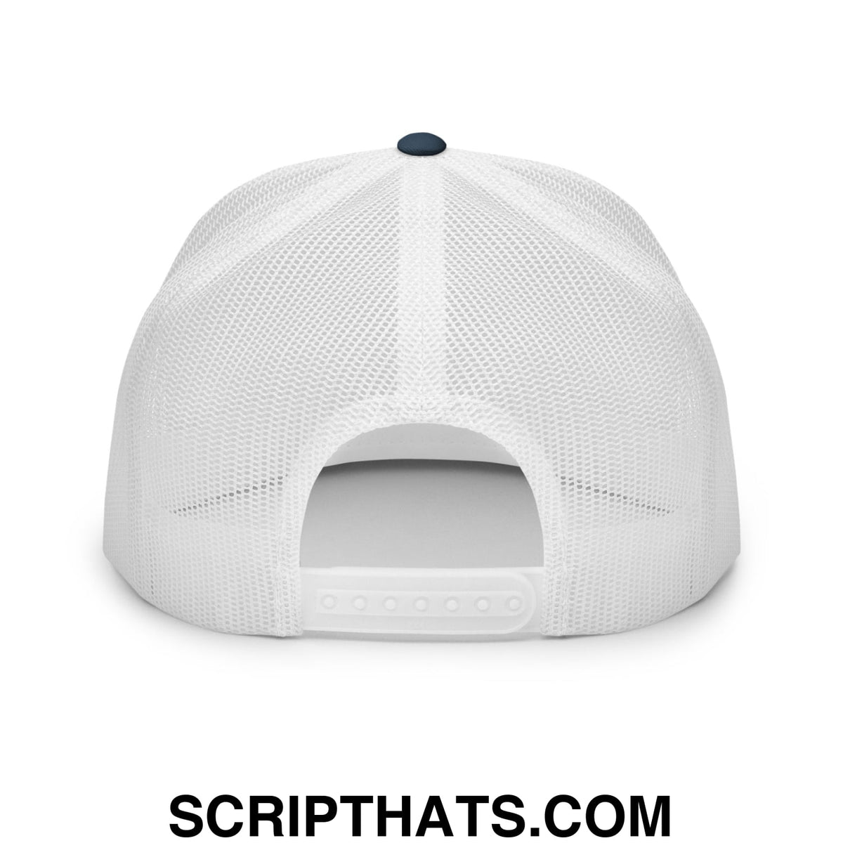 White mesh upside down pr puerto rico embroidered flat bill trucker hat with dark blue button and adjustable back strap