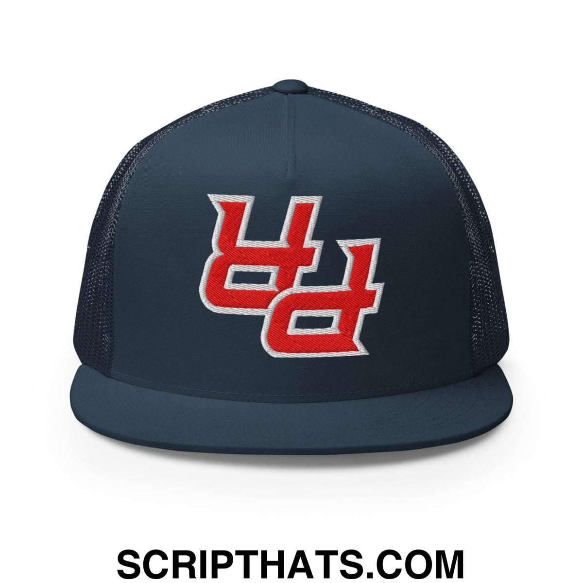 Navy blue mesh trucker hat with red and white embroidered ud logo and flat bill brim for casual Puerto Rico style