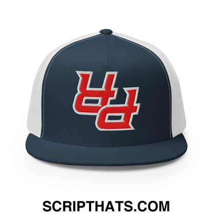 Navy blue and white mesh trucker hat with red embroidered ud logo and flat bill brim by upside down pr puerto rico