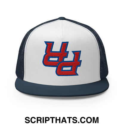White and navy blue mesh trucker hat with flat bill and red and blue embroidered u logo by upside down pr puerto rico