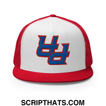 Red and white mesh trucker hat with blue embroidered u logo outlined in red flat bill brim for puerto rico pride
