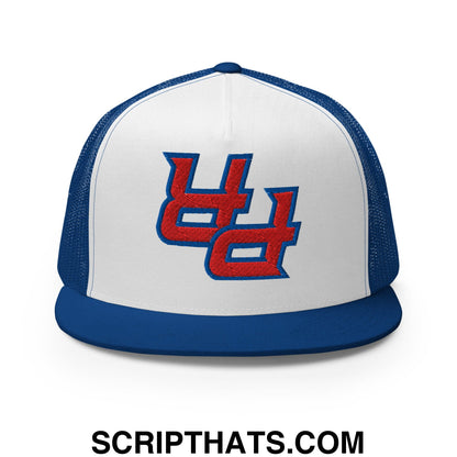 White and blue mesh trucker hat with red embroidered ud logo and flat bill brim by upside down pr puerto rico