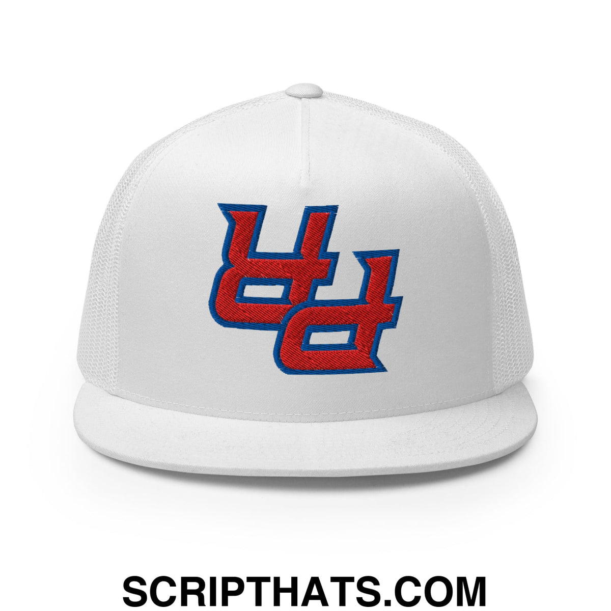 White mesh trucker snapback hat with red and blue embroidered ud logo from upside down pr puerto rico collection