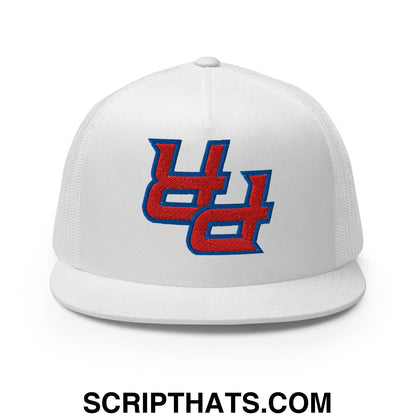 White mesh trucker snapback hat with red and blue embroidered ud logo from upside down pr puerto rico collection