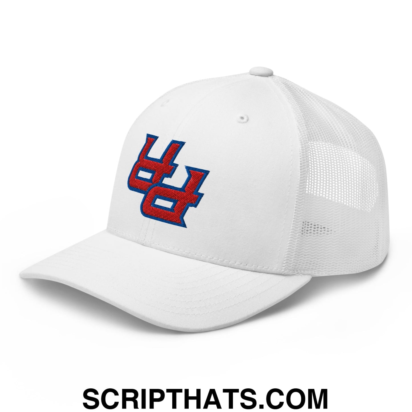 White mesh trucker hat with red and blue upside down pr puerto rico embroidered logo on the front