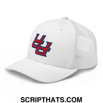 White mesh trucker hat with red and blue upside down pr puerto rico embroidered logo on the front