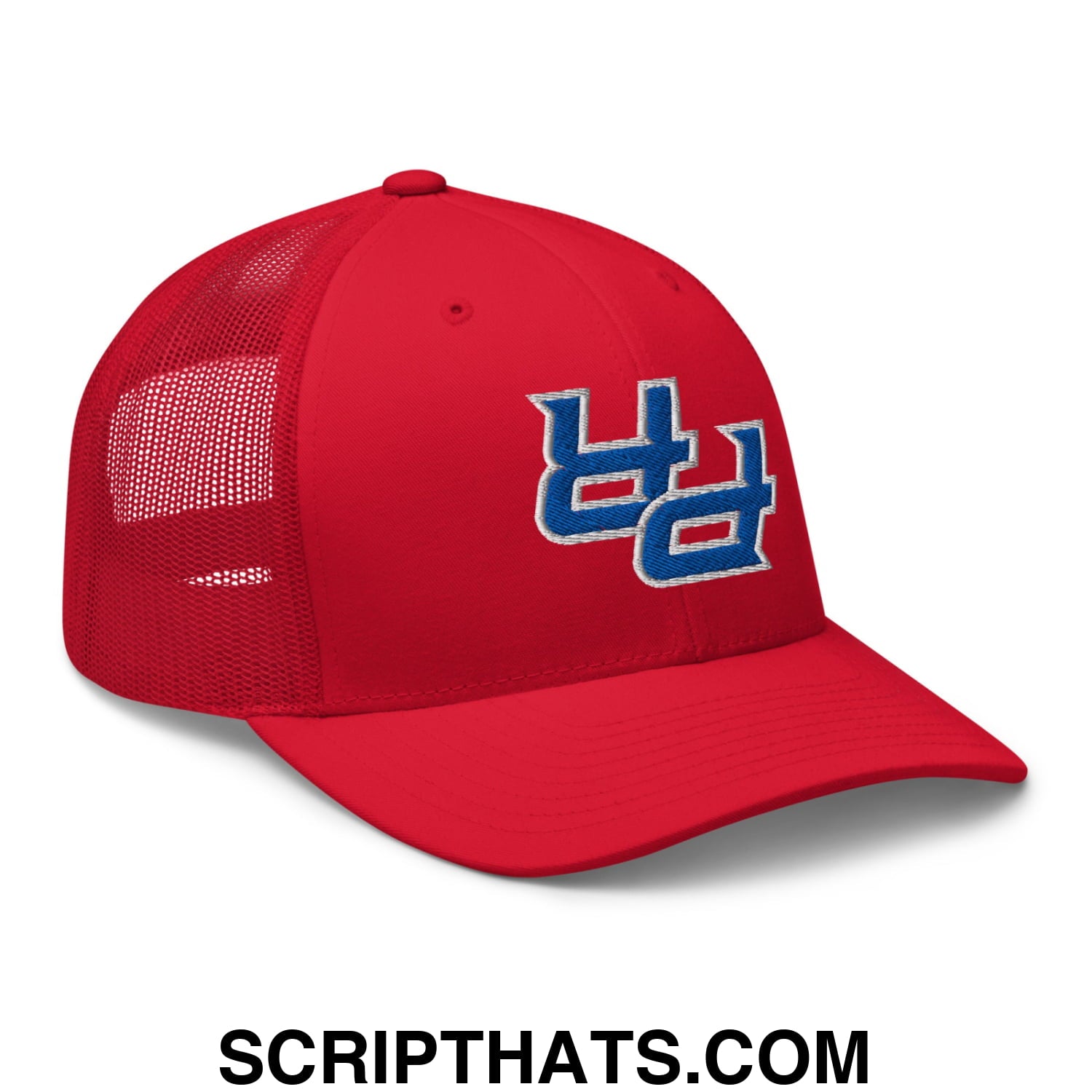 Red mesh trucker hat featuring a blue embroidered upside down pr Puerto Rico logo on the front panel