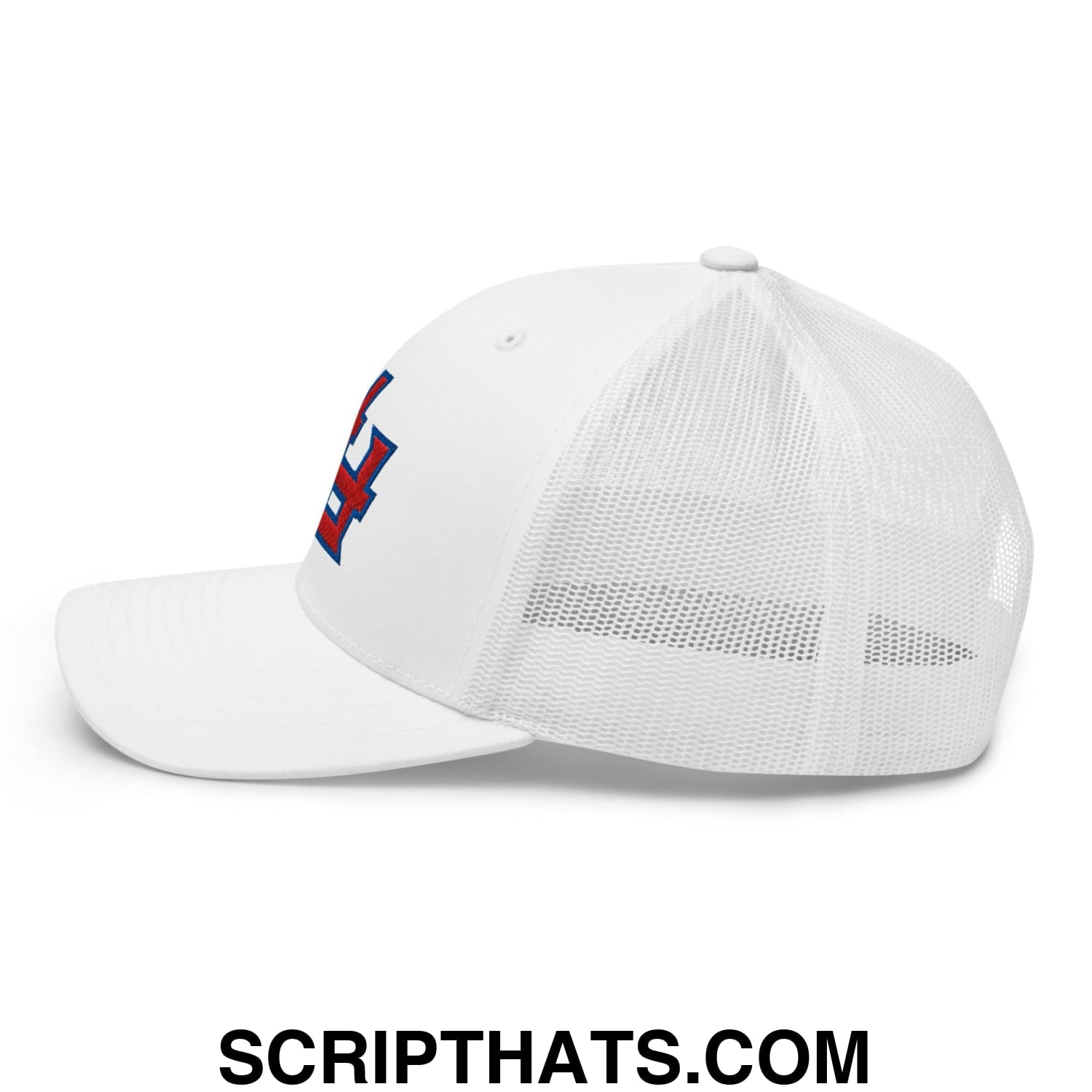White mesh trucker hat with red and blue upside down pr puerto rico embroidered logo on front panel