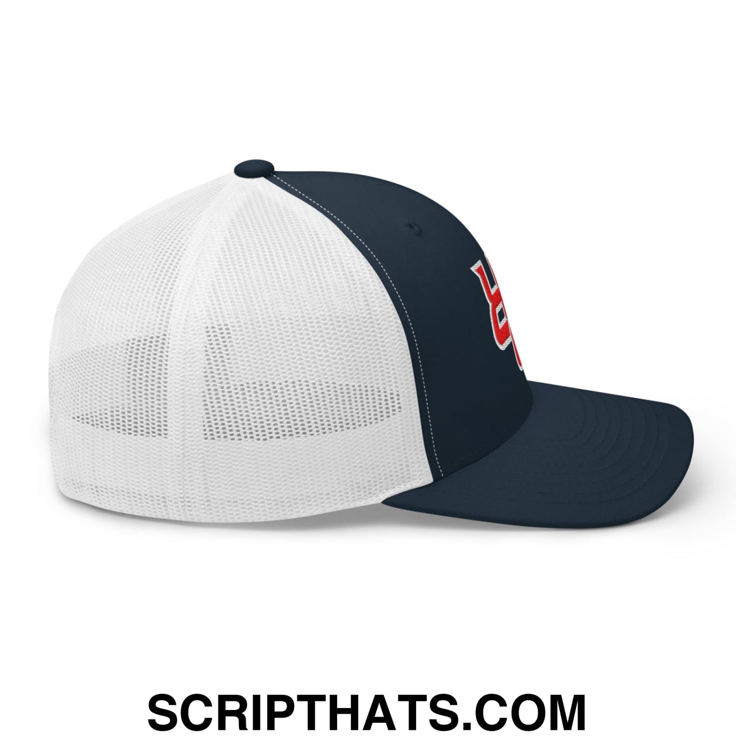 Navy blue and white mesh trucker hat with red embroidered upside down PR Puerto Rico logo on the side