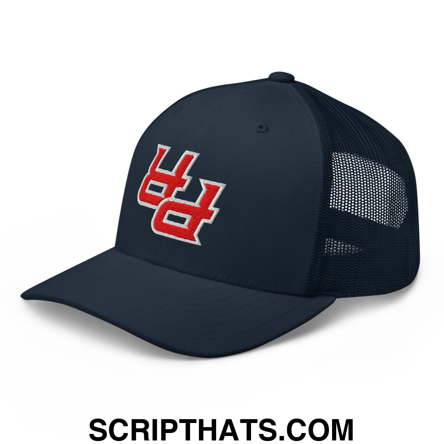 Navy blue mesh trucker hat with red and white embroidered Upside Down PR Puerto Rico logo on the front