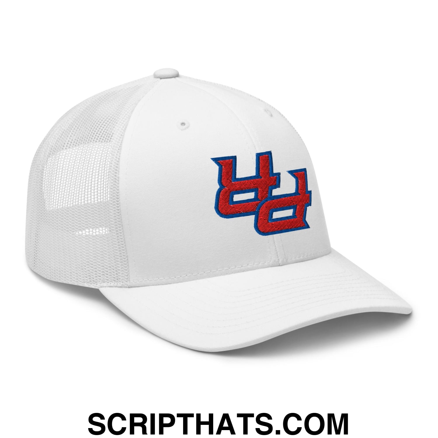 White mesh trucker hat with red and blue embroidered upside down PR Puerto Rico logo on front panel