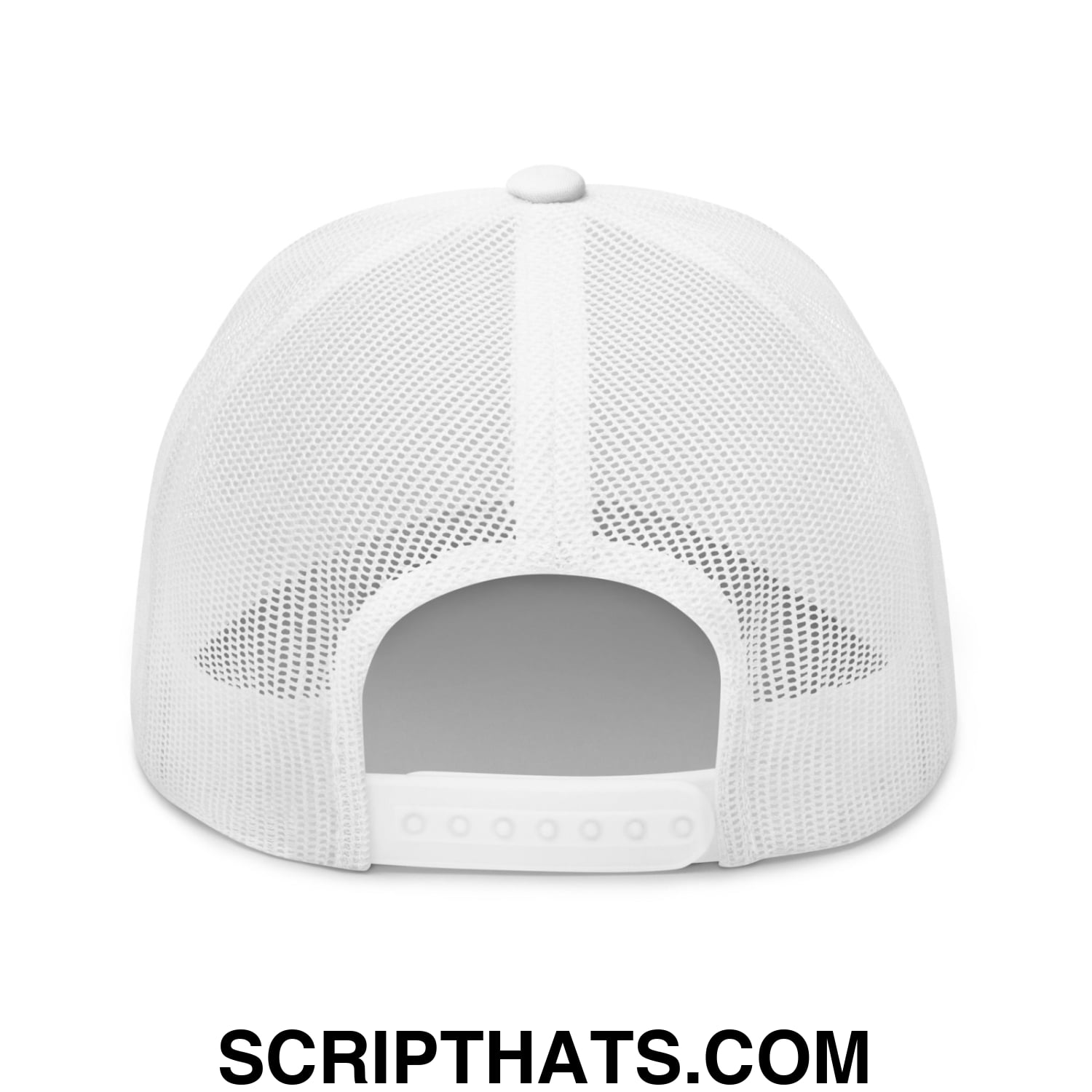 White upside down pr puerto rico embroidered mesh trucker hat showing adjustable strap and mesh back