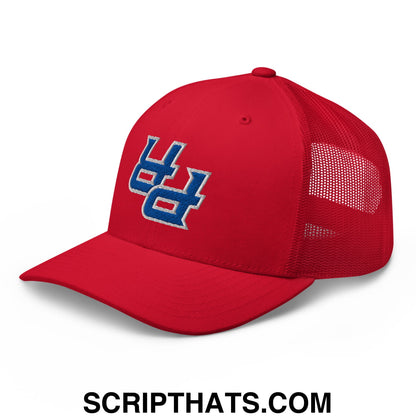 Red mesh trucker hat with blue and white upside down pr puerto rico embroidered logo on the front