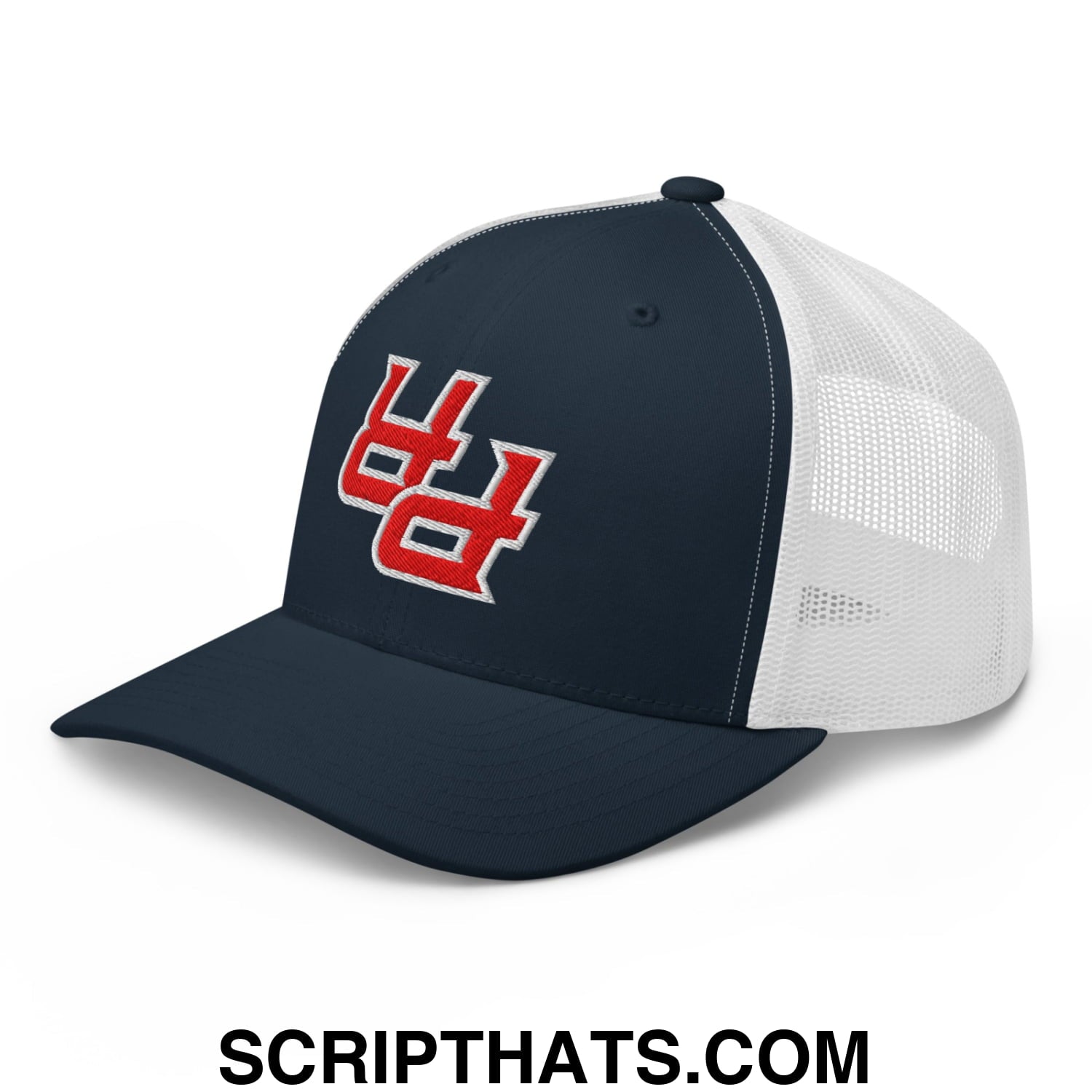 Navy blue and white mesh trucker hat with red embroidered upside down PR Puerto Rico logo front view