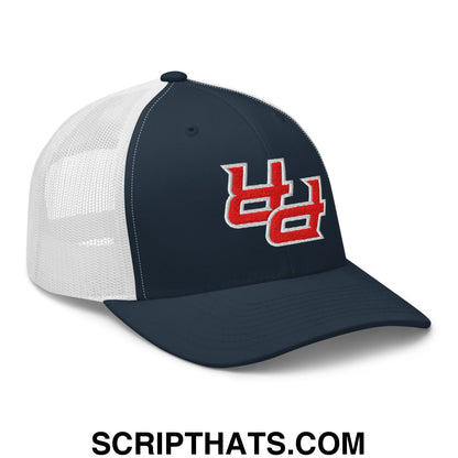 Navy blue and white mesh trucker hat with red upside down PR Puerto Rico embroidered logo on the front