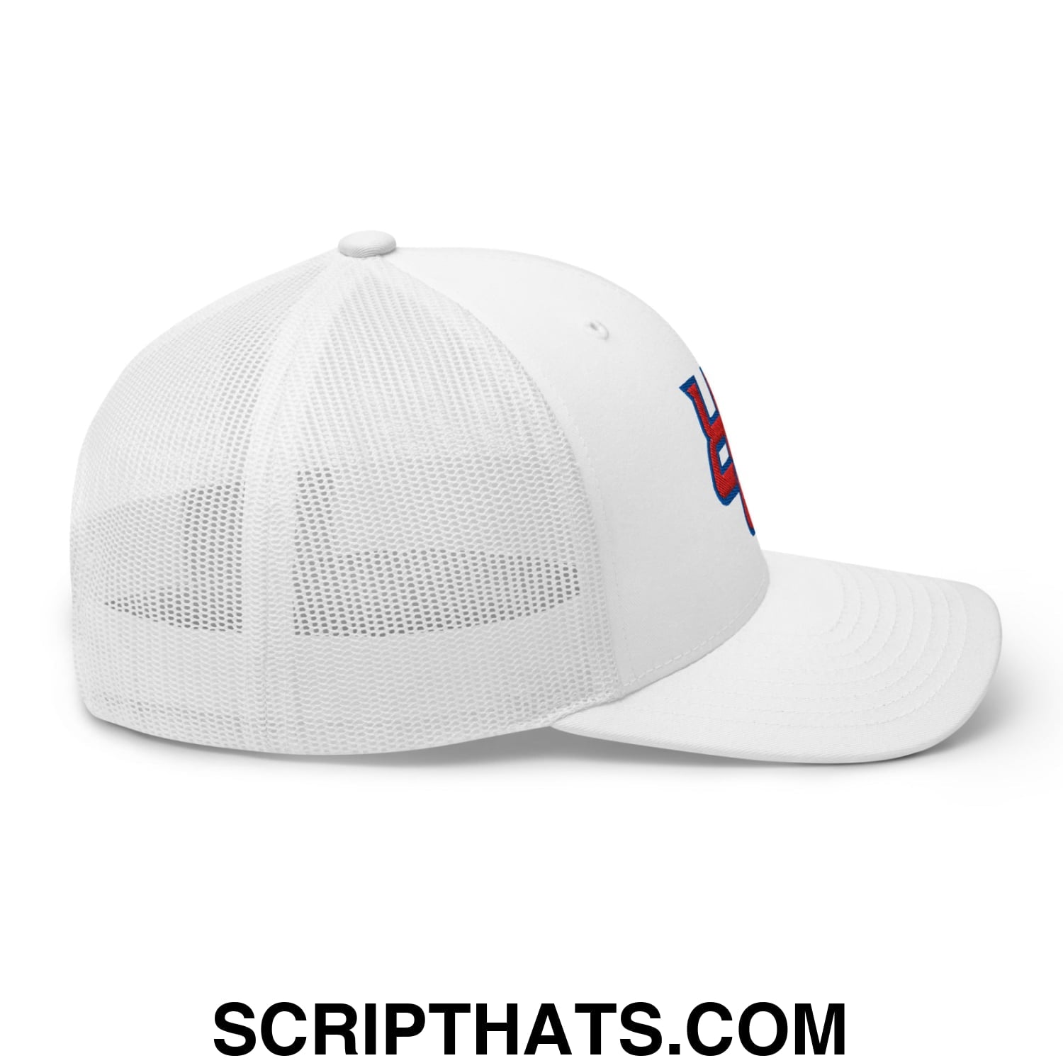 White mesh trucker hat with embroidered red and blue upside down pr puerto rico logo on the side