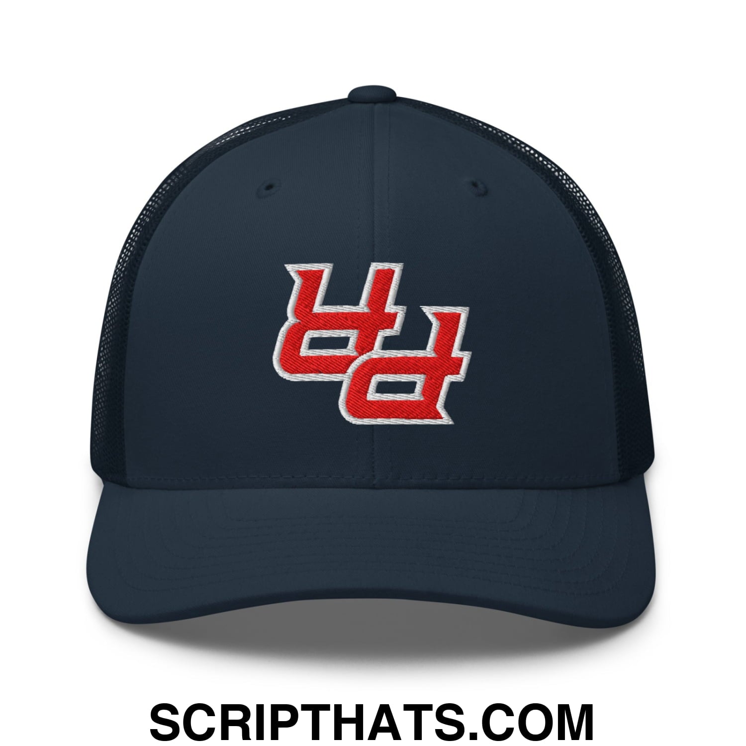 Dark navy mesh trucker hat with red and white embroidered upside down pr puerto rico logo on the front