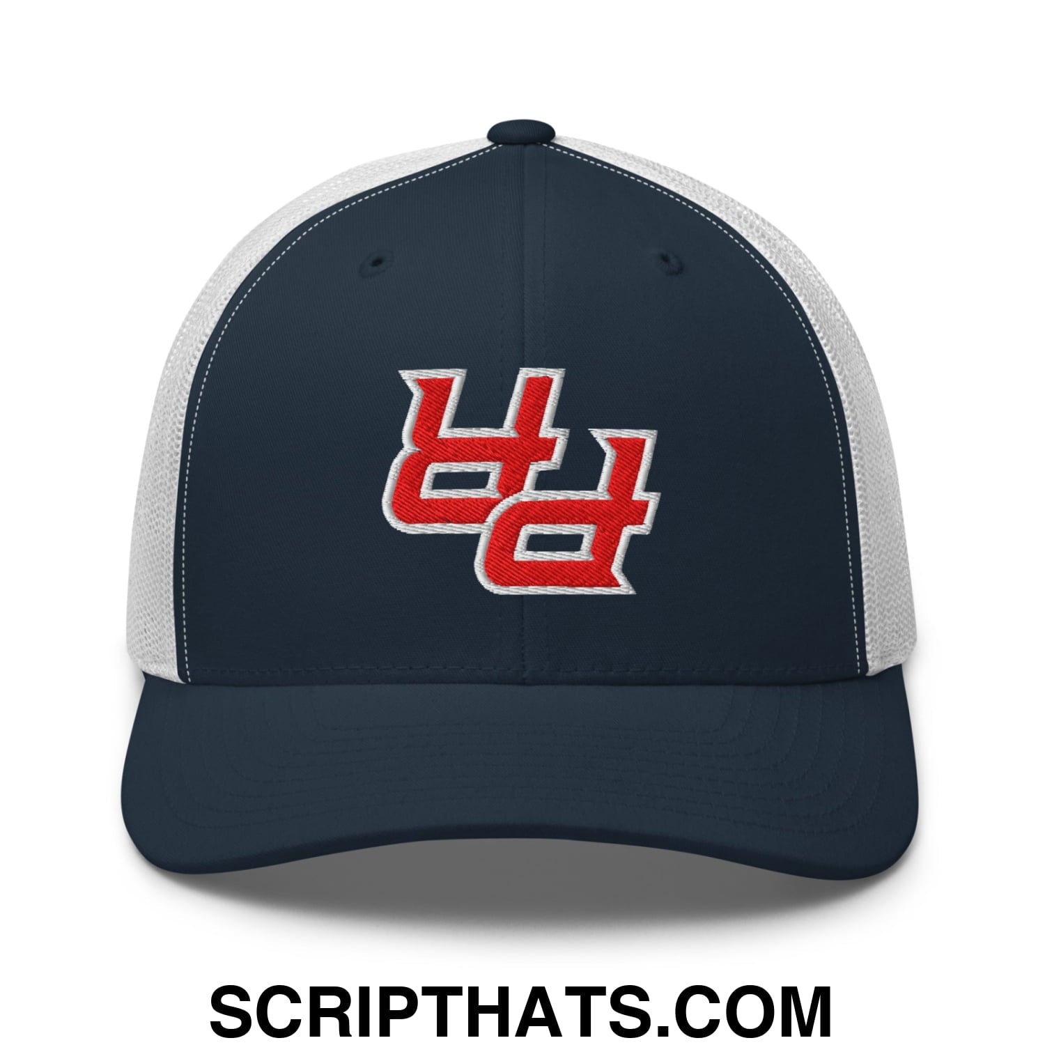 Navy blue and white mesh trucker hat with red Upside Down PR Puerto Rico embroidered logo front view