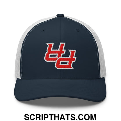 Navy blue and white mesh trucker hat with red Upside Down PR Puerto Rico embroidered logo front view