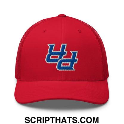 Red mesh trucker hat with blue and white embroidered uc logo by upside down pr puerto rico