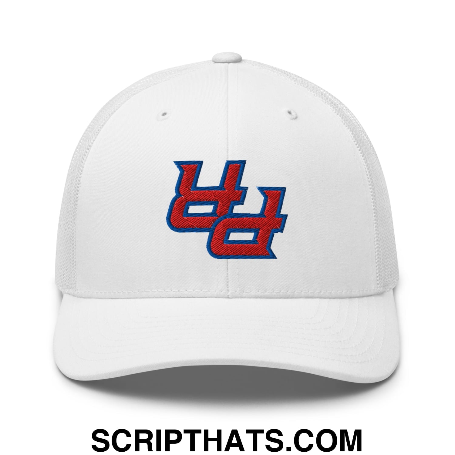 White mesh trucker hat with red and blue upside down pr puerto rico embroidered logo on front