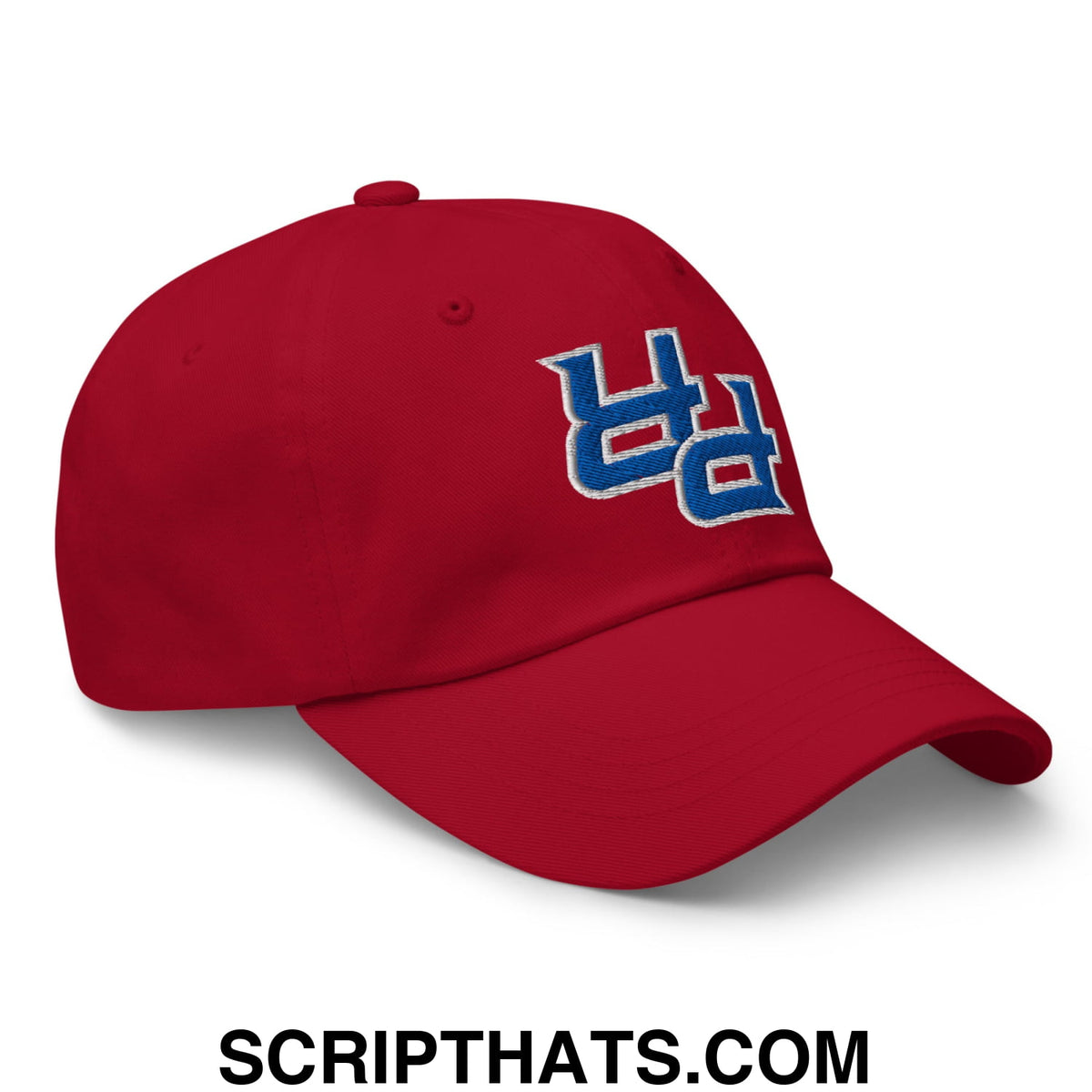 Red unstructured dad hat with blue embroidered uc logo from upside down pr puerto rico collection
