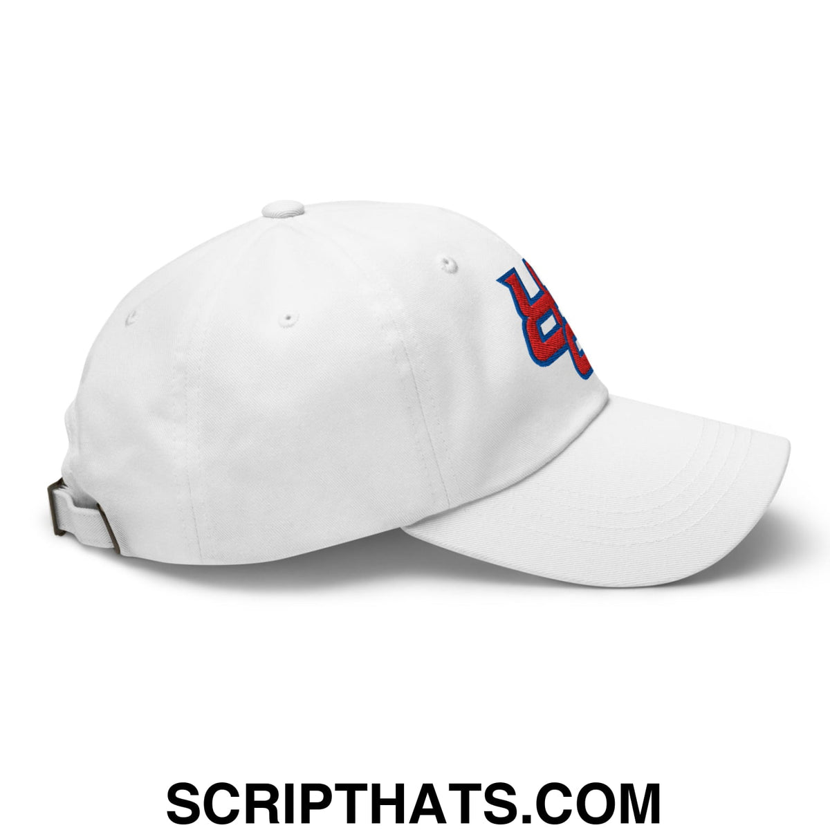 White unstructured dad hat with red and blue upside down PR Puerto Rico embroidered logo on the side