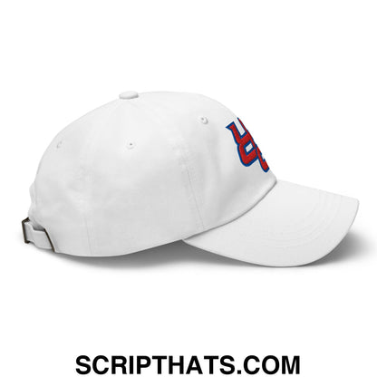 White unstructured dad hat with red and blue upside down PR Puerto Rico embroidered logo on the side