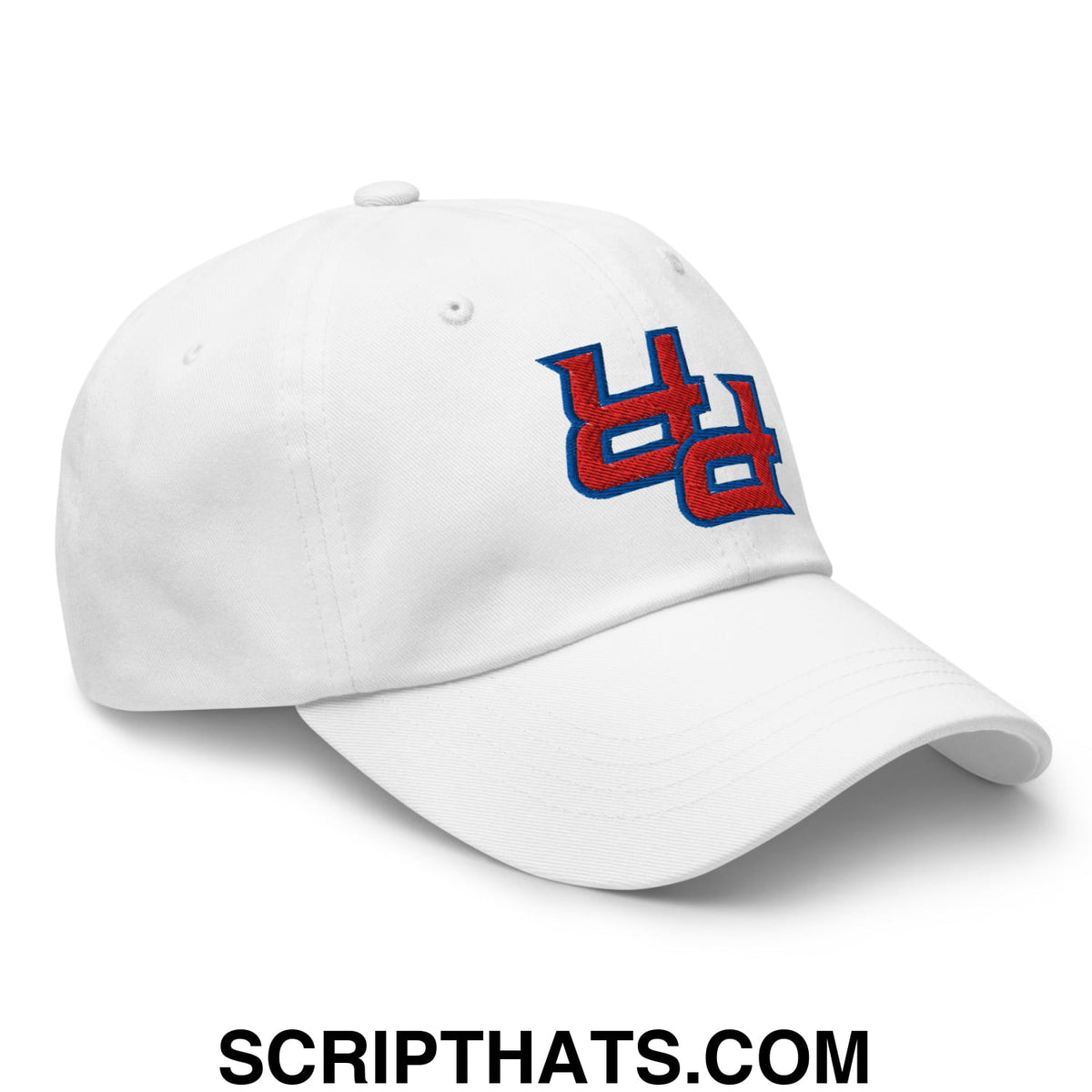 White unstructured dad hat with red and blue upside down pr puerto rico embroidered logo on front