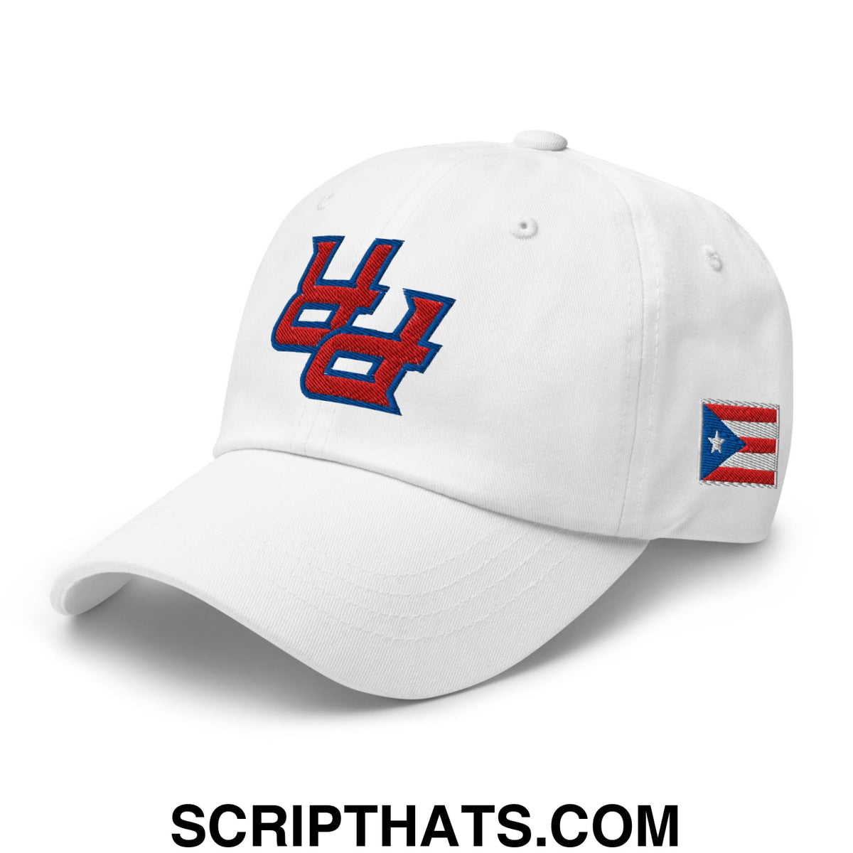White unstructured dad hat with red and blue uc embroidered logo and puerto rican flag patch on the side