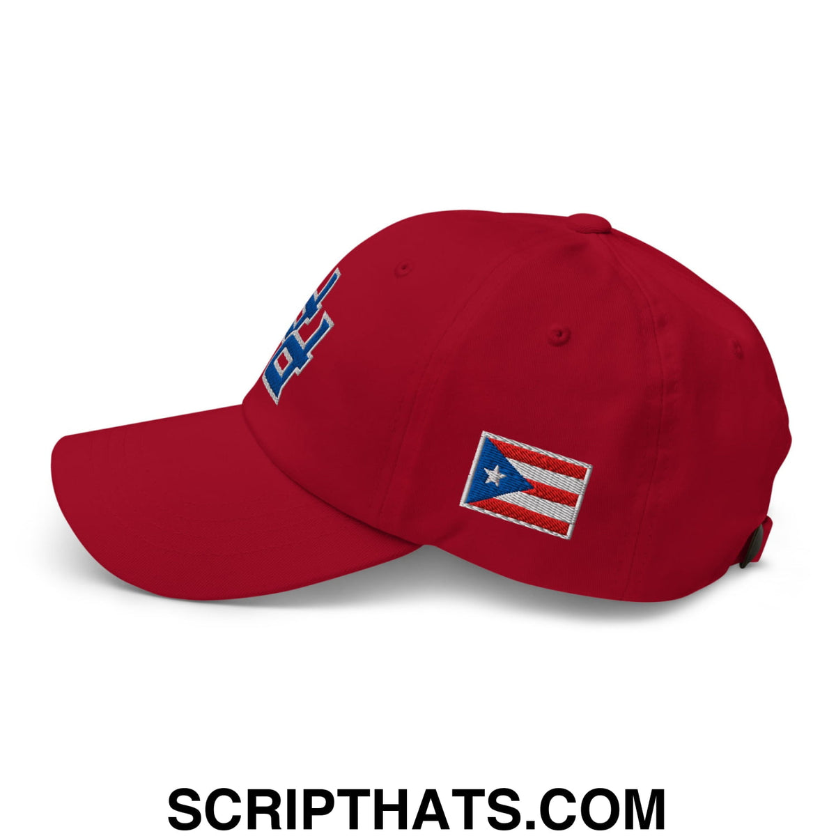 Red upside down pr puerto rico embroidered unstructured dad hat with puerto rican flag and blue white red logo