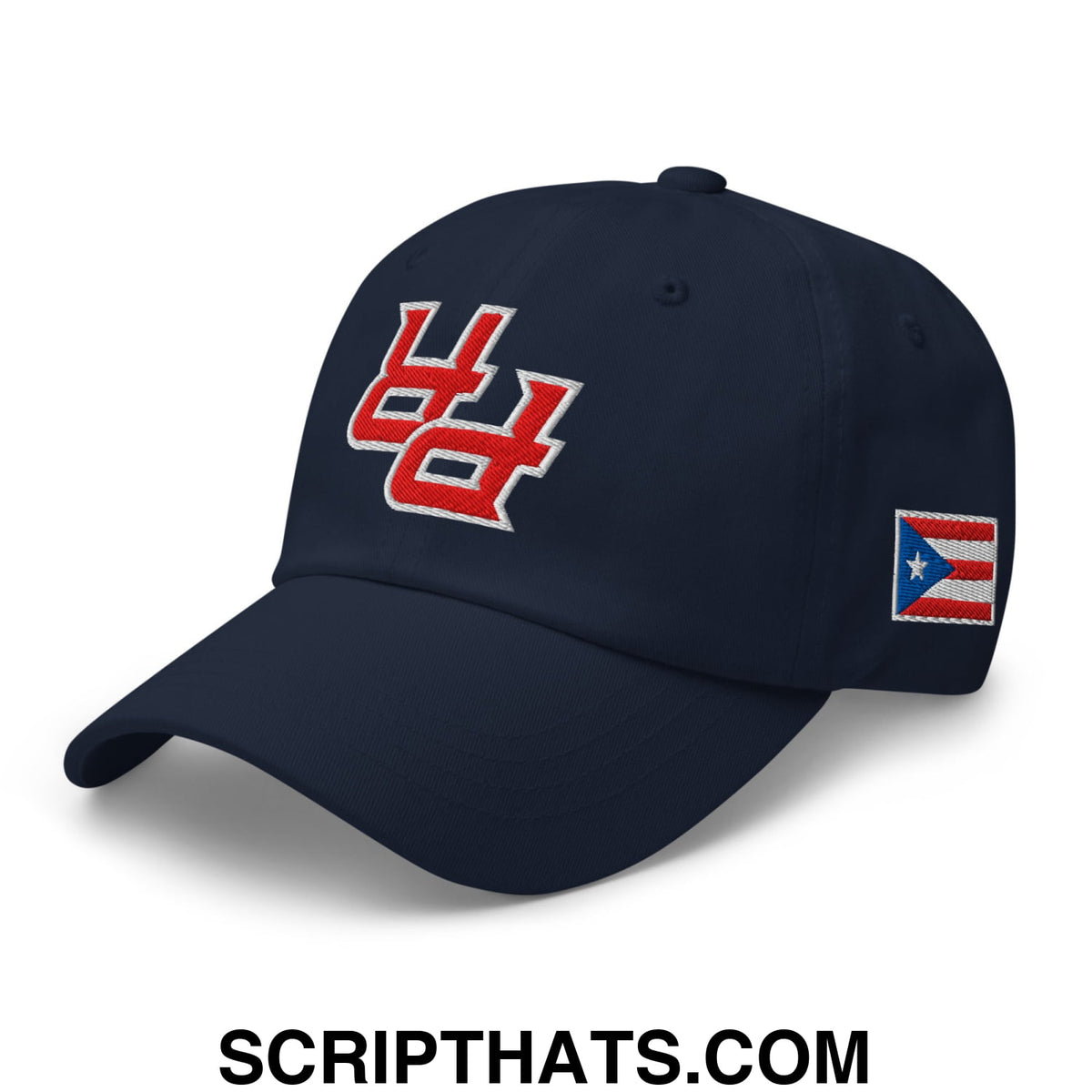 Navy blue unstructured dad hat with red and white pu logo and puerto rican flag patch on the side
