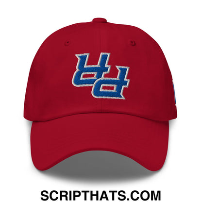Red unstructured dad hat with embroidered blue and white uc logo from upside down pr puerto rico collection