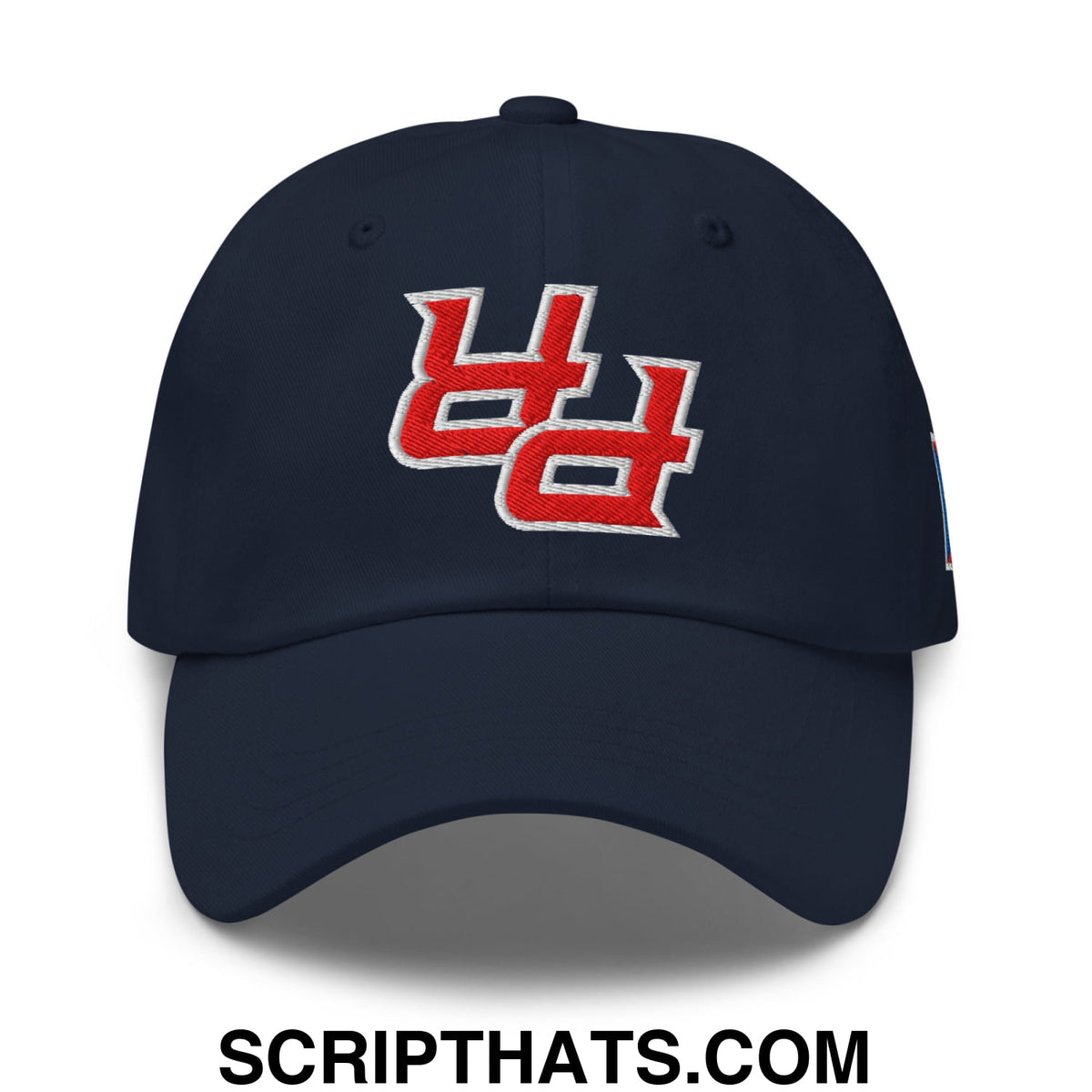 Navy blue unstructured dad hat with bold red and white embroidered ud logo by Upside Down PR Puerto Rico
