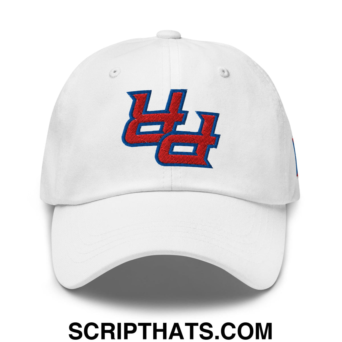 White unstructured dad hat with bold red and blue embroidered upside down pr puerto rico logo